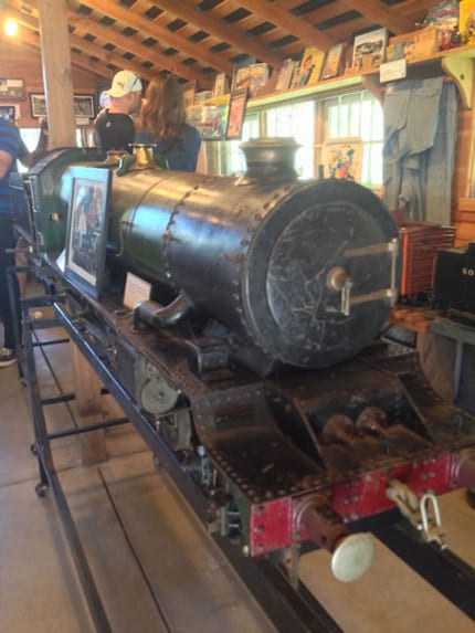 Walt’s King George V Engine sits on display in the barn. The Carolwood Society hopes to one day restore it.