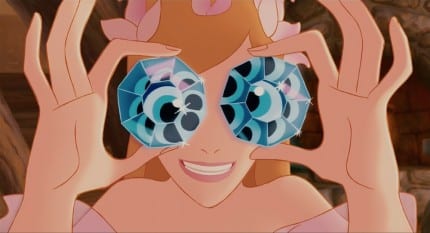 Giselle holds diamonds up to her eyes just like Dopey does in Snow White and the Seven Dwarfs.