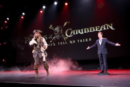 ANAHEIM, CA - AUGUST 15: Actor Johnny Depp, dressed as Captain Jack Sparrow, of PIRATES OF THE CARIBBEAN: DEAD MEN TELL NO TALES (L) and President of Walt Disney Studios Motion Picture Production Sean Bailey took part today in "Worlds, Galaxies, and Universes: Live Action at The Walt Disney Studios" presentation at Disney's D23 EXPO 2015 in Anaheim, Calif. (Photo by Jesse Grant/Getty Images for Disney) *** Local Caption *** Johnny Depp; Sean Bailey