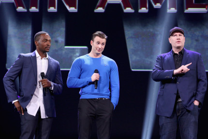 ANAHEIM, CA - AUGUST 15: (L-R) Actors Anthony Mackie, Chris Evans and Producer Kevin Feige of CAPTAIN AMERICA: CIVIL WAR took part today in "Worlds, Galaxies, and Universes: Live Action at The Walt Disney Studios" presentation at Disney's D23 EXPO 2015 in Anaheim, Calif. (Photo by Jesse Grant/Getty Images for Disney) *** Local Caption *** Anthony Mackie; Chris Evans; Kevin Feige