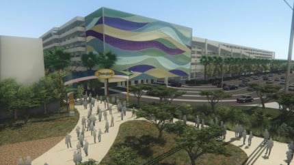 Disney intends to create a new transportation hub, parking structure and a pedestrian bridge over Harbor Boulevard connecting them with Disneyland and Disney California Adventure ahead of the opening of ÒStar WarsÓ land in its signature theme park. Above, a view from the south end of the parking structure off of Disney Way. (Rendering courtesy of the Disneyland Resort)