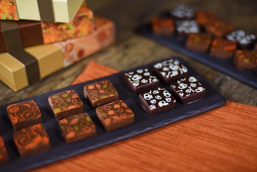 The Ganachery pumpskin spice latte-flavored and maple pecan-flavored chocolate ganache squares
