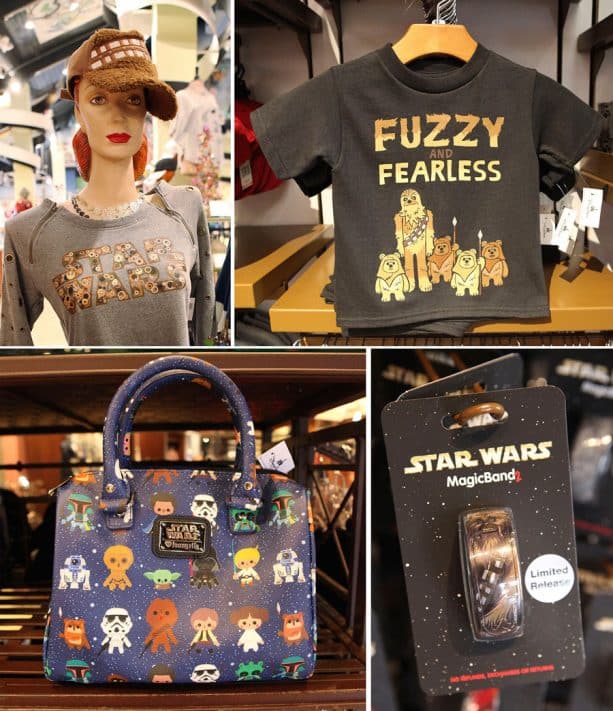 Chewbacca-inspired sweatshirt, handbag, MagicBand, and kid’s T-shirt