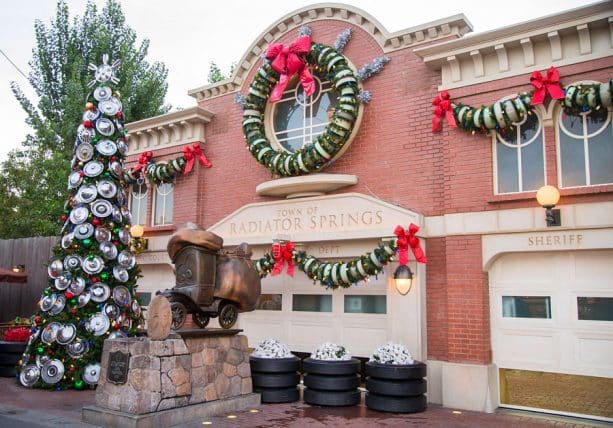 Cars Land in Disney California Adventure park decorated for the Holidays