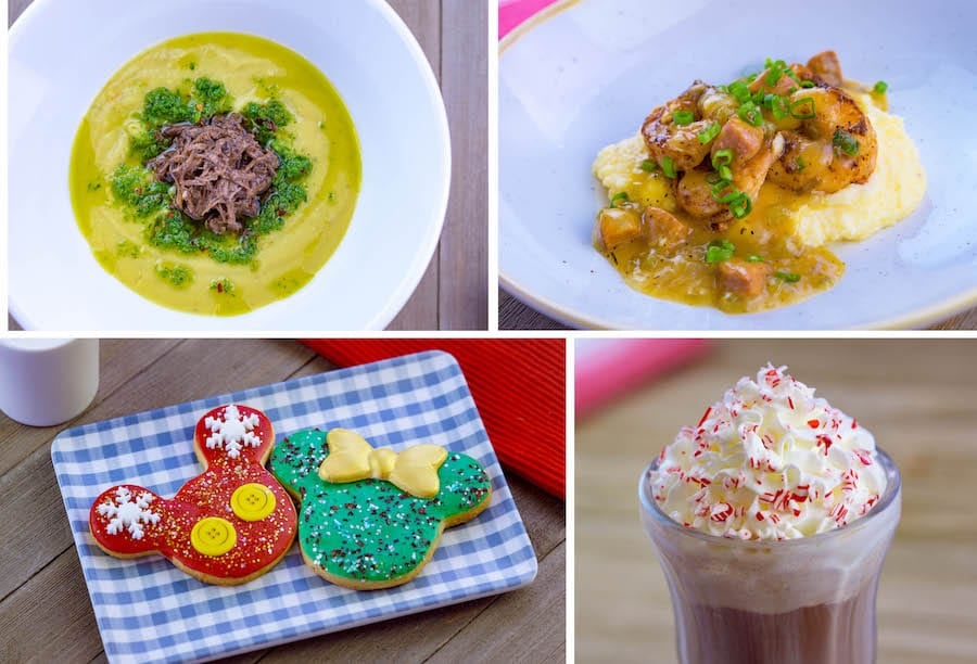 Curry Cauliflower Soup, Shrimp and Grits, Holiday Mickey and Minnie Cookies, and Warm Peppermint Chocolate Float from Holiday Duets Marketplace at Disney Festival of Holidays at Disney California Adventure Park