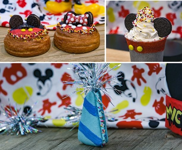 Specialty Items for Get Your Ears On at Disney California Adventure Park - Mickey Donut with apple filling, Minnie Donut with cherry filling, Mickey Cookies ‘n Cream Shake with “90” sprinkles and Birthday Hat Macaron