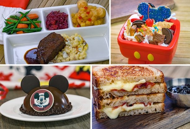 Specialty Items for Get Your Ears On at Disneyland Park - TV Dinner Pot Roast, Birthday Sundae, Mickey Mouse Club Hat Dessert and Specialty Toasted Cheese Sandwich
