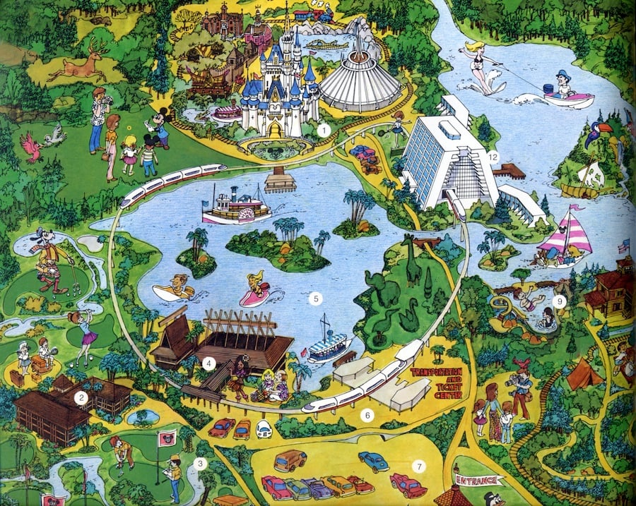 Detail of a vintage fun map with Seven Seas Lagoon in the spotlight. ©Disney