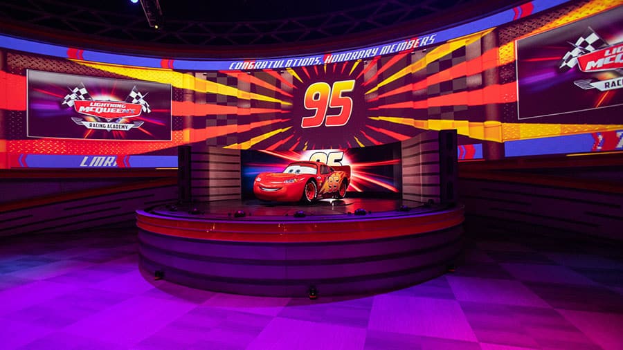 Lightning McQueen on stage for Lightning McQueen's Racing Academy, Disney's Hollywood Studios