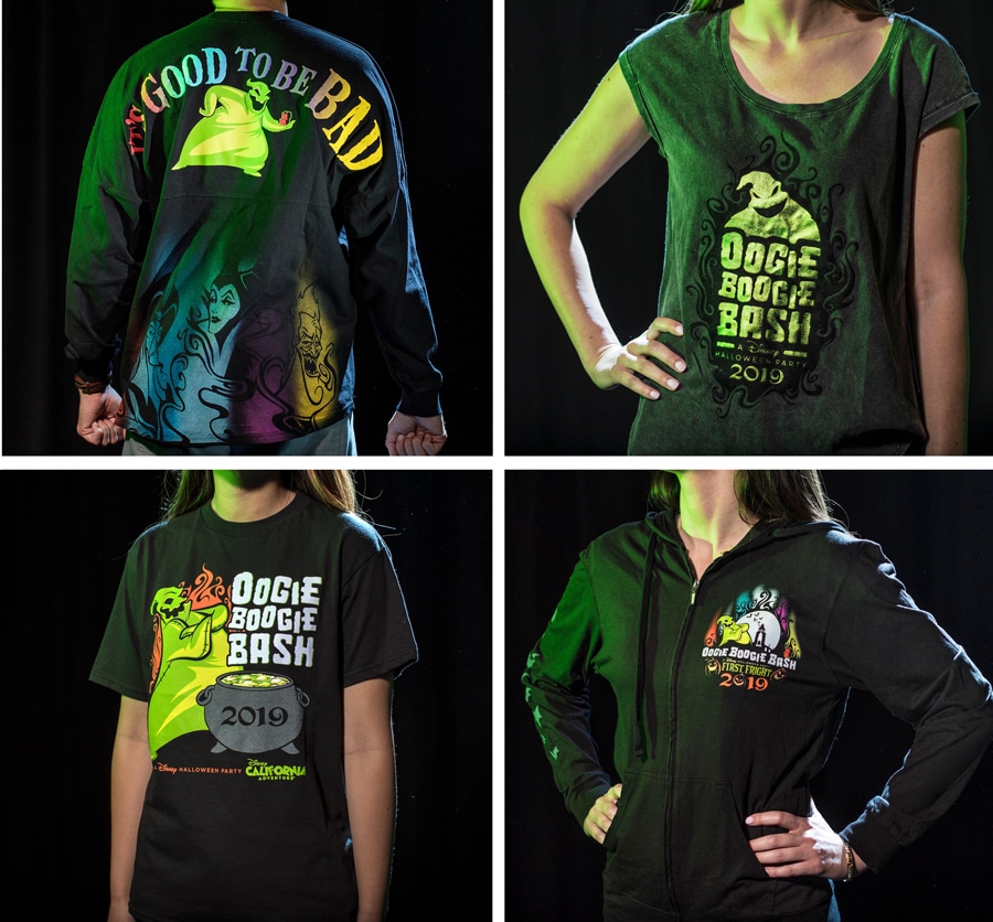 Exclusive Oogie Boogie Bash apparel: a bold spirit jersey, themed t-shirts, and festive sweatshirt for men, women and kids.