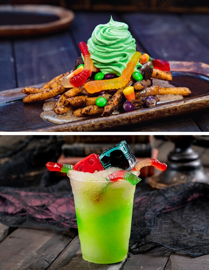 Oogie Boogie-inspired sweet funnel cake fries; concoction with dice glow cubes
