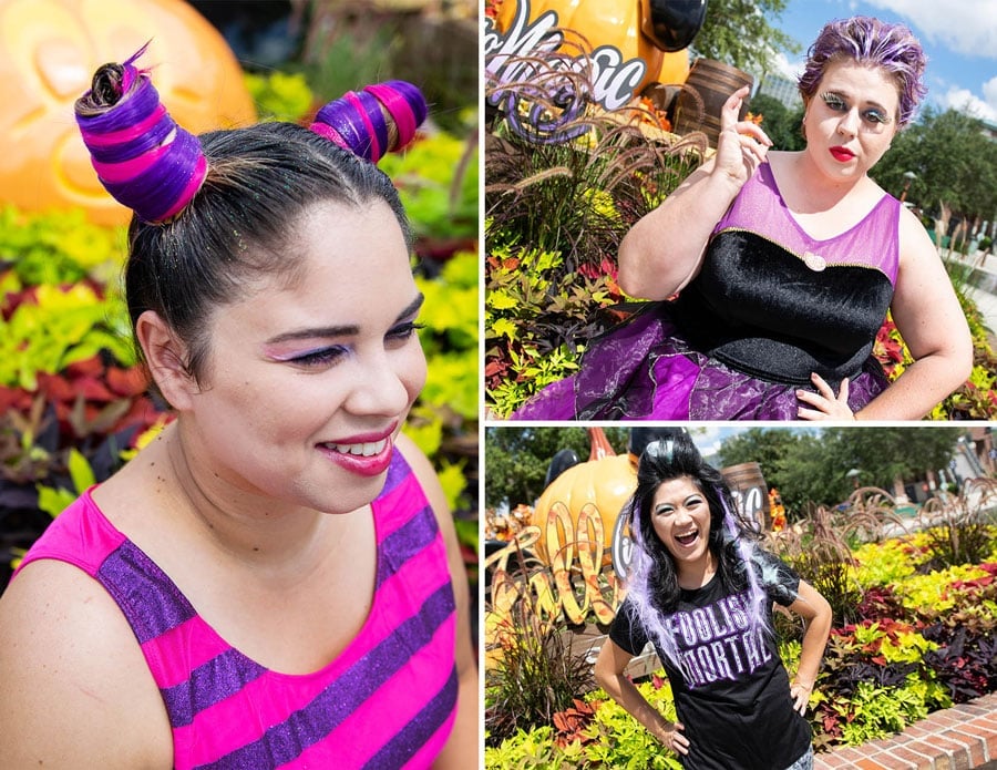 Three DisneyStyle and Character Couture looks including Madame Leota, Ursula, and the Cheshire Cat
