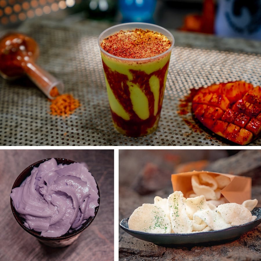 Collage of Toydaria Swirl, Black Spire Hot Chocolate and Galma Garlic Puffed Cheese Chips