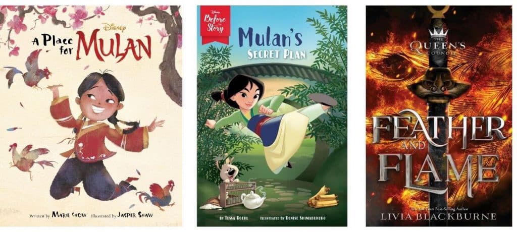 "A Place for Mulan," "Mulan's Secret Plan" and "The Queen's Council: Feather and Flame" book covers