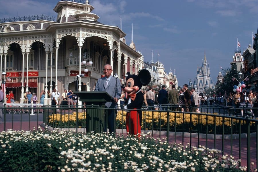 Roy O. Disney and Mickey Mouse at the Oct. 25, 1971, dedication ceremony for Walt Disney World Resort