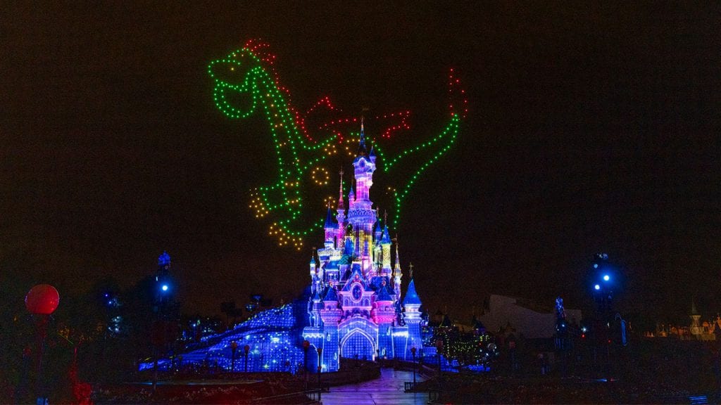 Drones creating Elliot from "Pete's Dragon" during the “Disney Electrical Sky Parade!” at Disneyland Paris