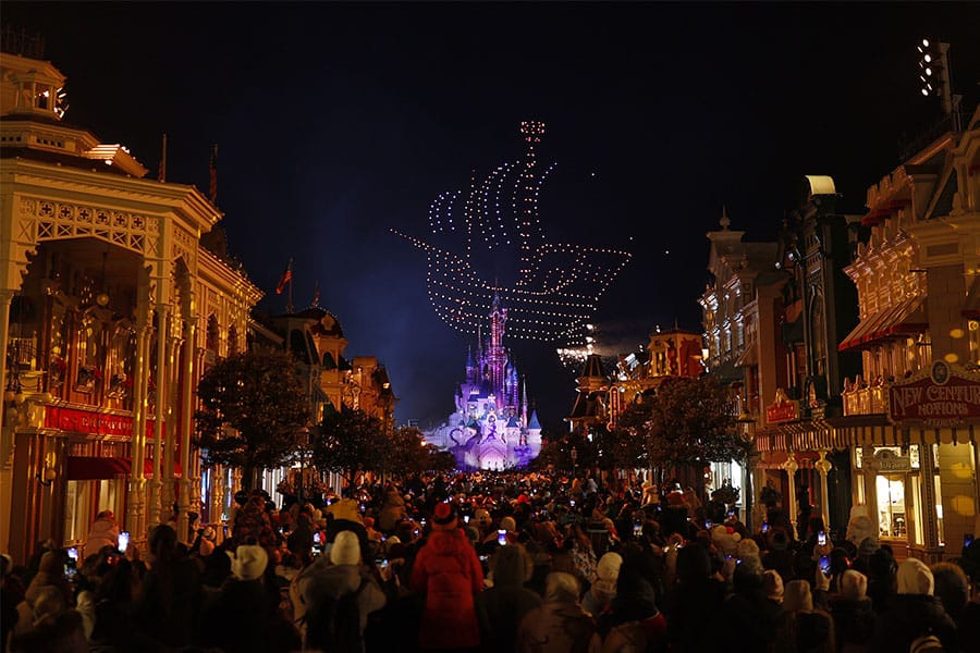 Drones creating Captain Hook's ship during the “Disney Electrical Sky Parade!” at Disneyland Paris