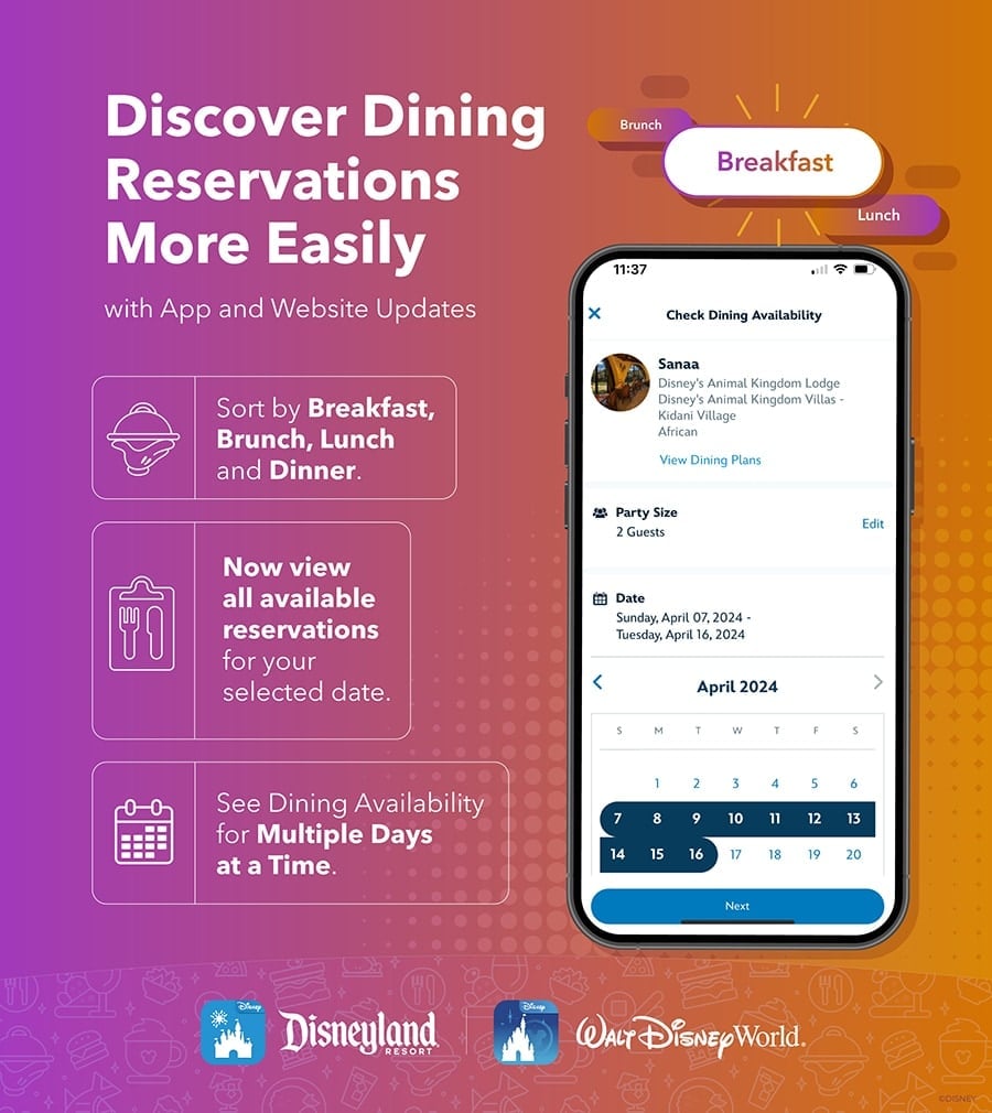 Graphic of the My Disney Experience app sharing new dining planning features