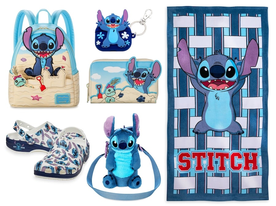 Disney Stitch merchandise - Stitch backpack, wallet, towel, clogs, and other gear