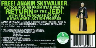 The original cardback offer for Anakin. Image courtesy theswca.com.