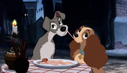 Ah, puppy love warms our hearts. You know what else warms our hearts? A heaping plate of spaghetti and meatballs. These two have great taste. But we have a feeling that if we also tried to take on this dish without silverware, it would not look nearly this adorable.