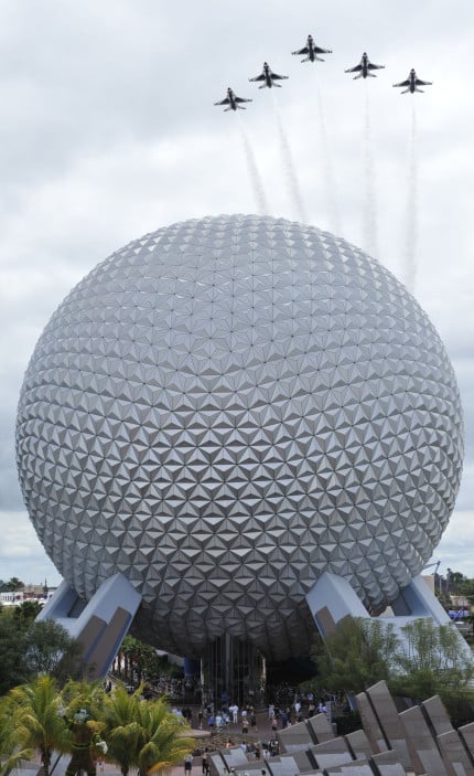 0407AS_1820GV.jpg (APRIL 7, 2008): The United States Air Force "Thunderbirds" fly over Spaceship Earth at Epcot April 7, 2008, in Lake Buena Vista, Fla. The Las Vegas, Nev.-based air demonstration team, celebrating its 55th anniversary this year, took a flight over Walt Disney World Resort following an air show in Punta Gorda, Fla. The Thunderbirds are scheduled to perform April 12-13 at an air show in Lakeland, Fla. (David Roark, photographer)