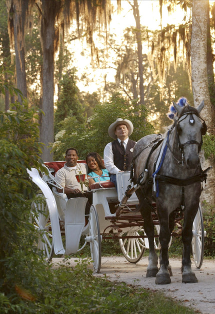 HORSE-DRAWN MAGIC -- Private, horse-drawn carriage rides are now offered nightly at Disney's Fort Wilderness Resort & Campground, one of the "home away from home"-category resorts at Walt Disney World in Lake Buena Vista, Fla.Ê Guests experience a leisurely 30-minute excursion through the secluded beauty of the Walt Disney World backwoods.Ê Guests are encouraged to make reservations up to 60 days in advance by calling 407-824-2832. carriage-001