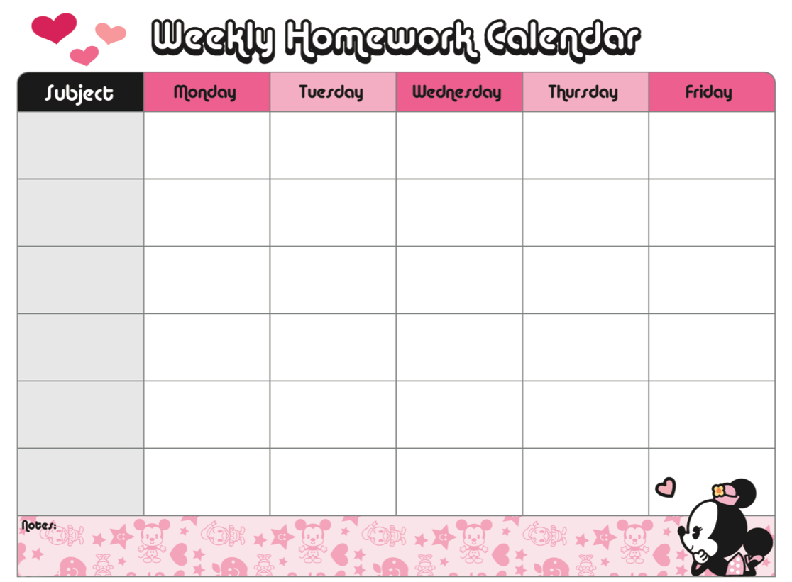 weekly homework calendar printable