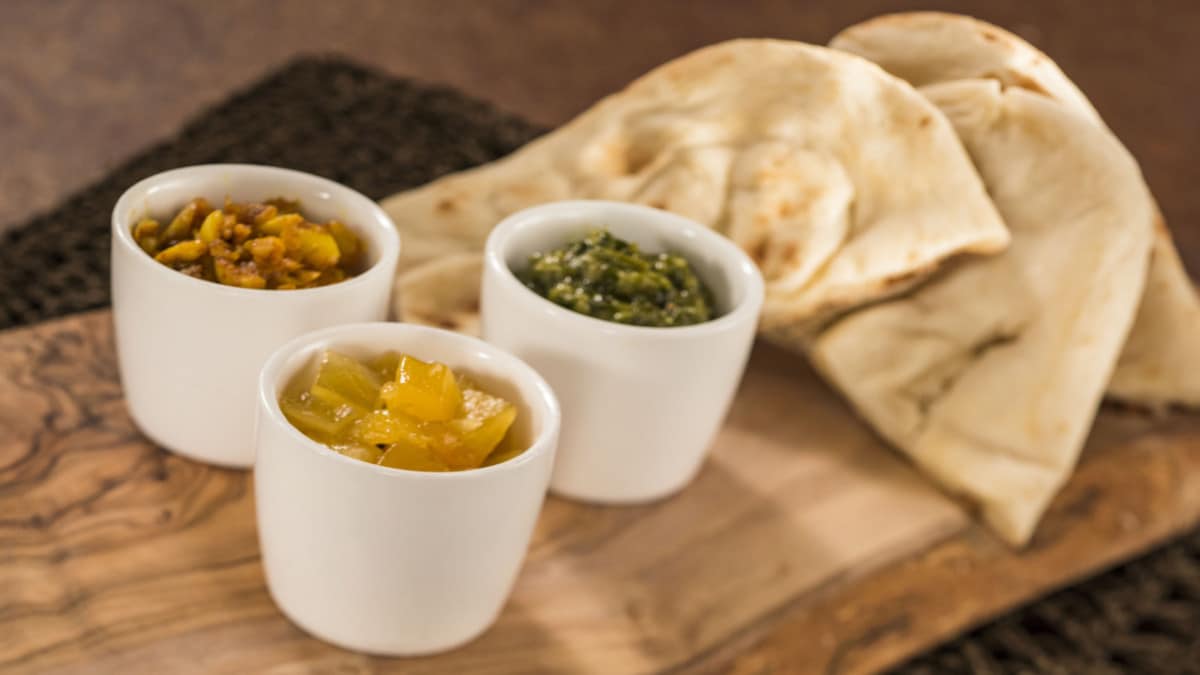 Warm Indian Bread with Pickled Garlic, Mango Salsa and Coriander Pesto Dips