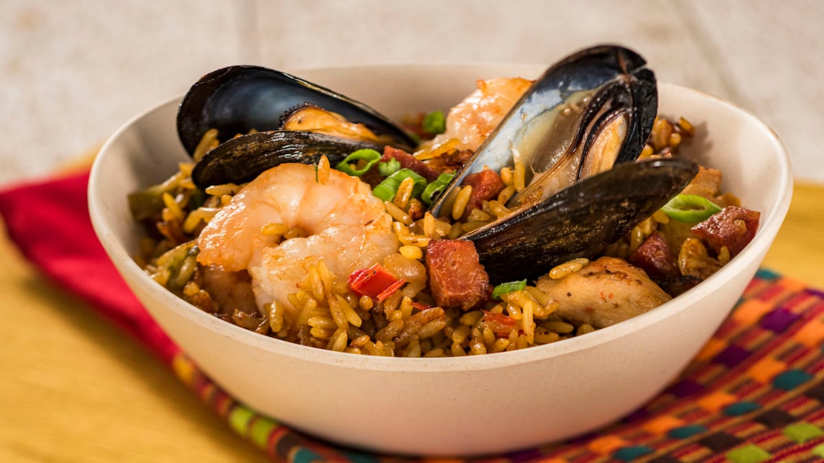 Traditional Spanish Paella with Shrimp, Mussels, Chicken, and Crispy Chorizo