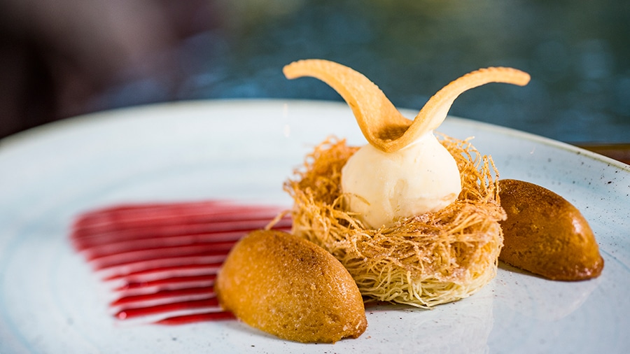 Malva Pudding with Melktart Ice Cream Kataifi Kanu Tuile and Cabernet Gelée at Jiko The Cooking Place