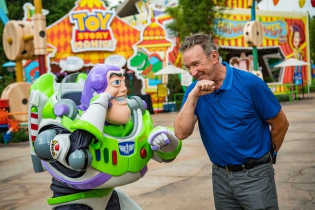 Tim Allen with Buzz Lightyear in Toy Story Land at Disney's Hollywood Studios