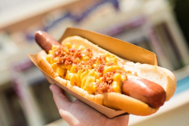 | The Main Street Mouse Macaroni and Cheese All beef Foot Long Hot Dog at Liberty Inn at Epcot