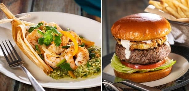Sauteed Shrimp and Tamales and Crab Cake topped Burger at Sebastians Bistro at Disneys Caribbean Beach Resort