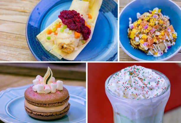 Turkey and Stuffing Tamale, Lox and Everything Bagel Nachos, Hot Cocoa Macaron, and Holiday Punch from Merry Mashups Marketplace at Disney Festival of Holidays at Disney California Adventure Park