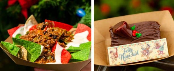 Feliz Navidad Nachos and Three Caballeros Spiced Chocolate Yule Log at Pecos Bill Tall Tale Inn Café for Mickeys Very Merry Christmas Party at Magic Kingdom Park