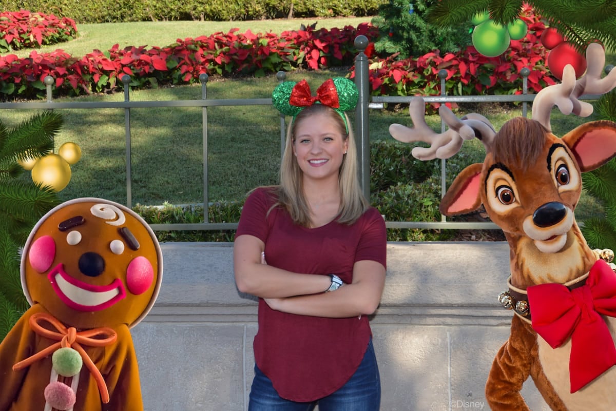 Disney Photopass Magic Shot featuring a cheerful reindeer and gingerbread man