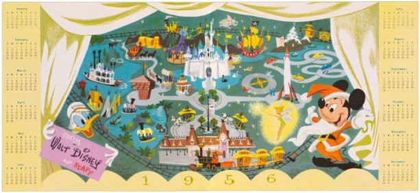 1955 card featuring a calendar for the following year commemorating the opening of Disneyland Park