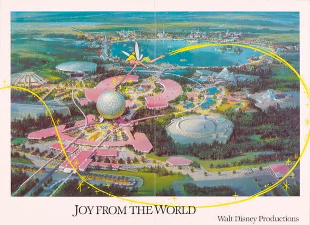 1982 card featuring Disney Imagineer Clem Halls lavish and detailed conceptual aerial view of EPCOT