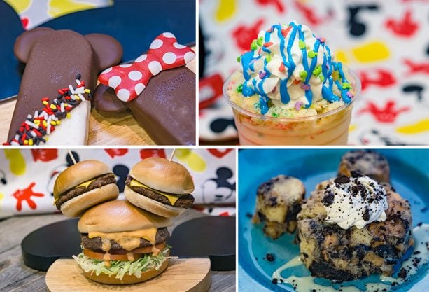 Specialty Items for Get Your Ears On at Disney California Adventure Park - Hand-dipped Mickey or Minnie Ice Cream Bar, Confetti Cake Shake, “Share Your Ears” Cheeseburger and Cookies ‘n Cream Bread Pudding