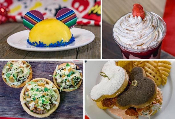 Specialty Items for Get Your Ears On at Disneyland Park - Mickey Hat Dessert, Frozen Strawberry Horchata, Sopes Trio and Fried Chicken and Beignets