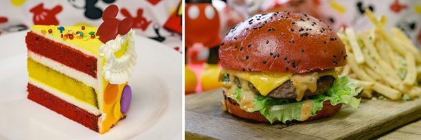Specialty Items for Get Your Ears on at Disneyland Park Celebration Cake and Mickey inspired Cheeseburger