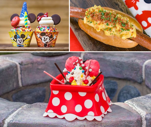 Specialty Items for Get Your Ears on at Disneyland Park Mickey and Minnie Chocolate Chip Cookie Cupcakes Bacon Mac Cheese Footlong Hotdog and Mickey's Birthday Sundae