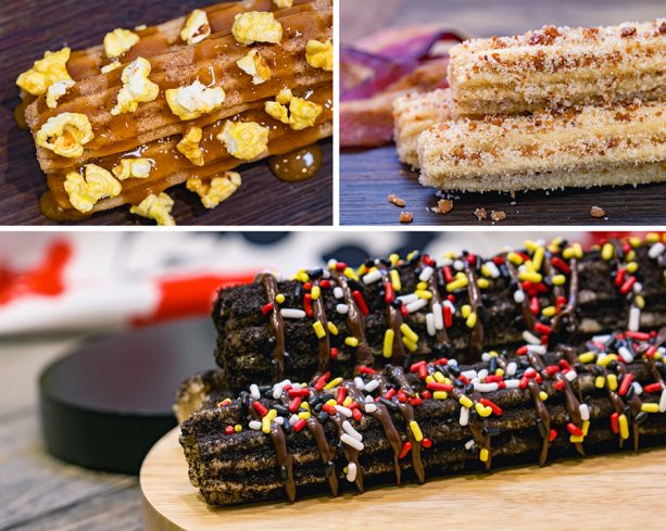 Specialty Churros for Get Your Ears on at Disney California Adventure Park Caramel Corn Churro Maple bacon Churro and Celebration Mickey Chocolate Churro