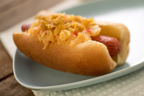 Spicy Hot Dog with Pineapple Chutney and Plantain Chips from Pineapple Promenade at the Epcot International Flower Garden Festival