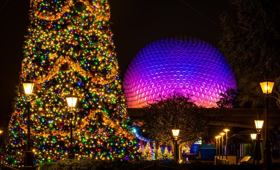 Christmas Tree and Spaceship Earth at Epcot