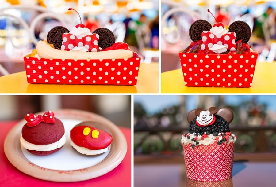 Mickey and Minnie offerings at Magic Kingdom Park - The Main Street Split, Minnie Sundae, Mickey and Minnie Whoopie Pie Duo and Mousketeer's Cupcake