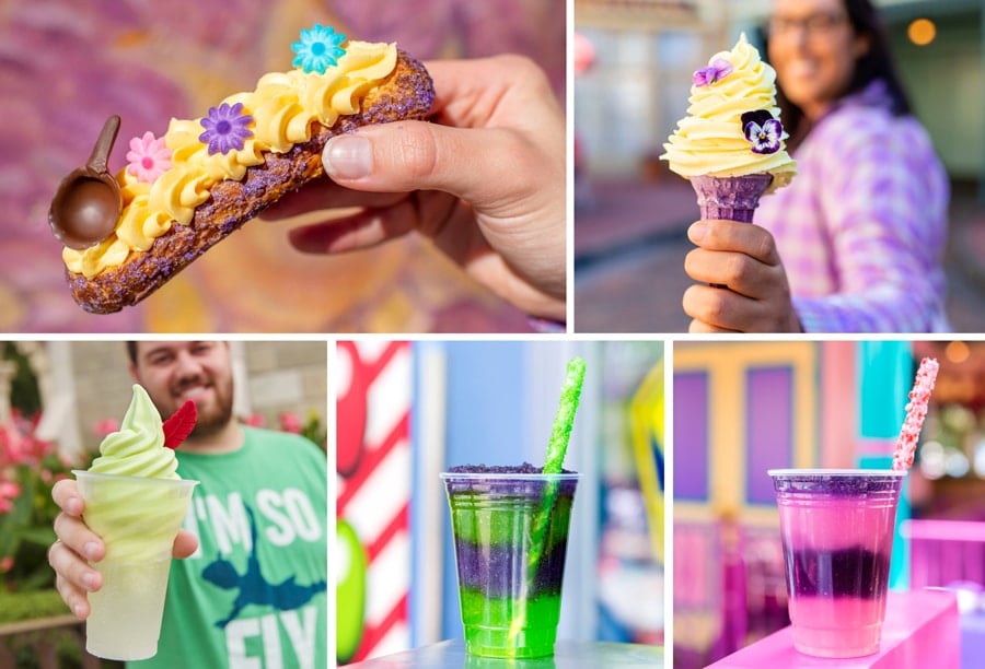 Specialty Offerings at Magic Kingdom Park Tangled Wall Éclair, Lost Princess Cone with Dole Whip Lemon, Peter Pan Float, Space Ranger Slush and Wonderland Slush