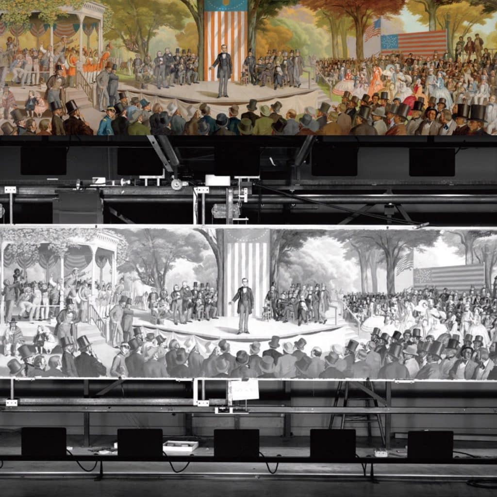The original panoramic painting of President Washington addressing his cabinet officers. The painting is mounted on a mechanism that allows it to be moved horizontally and vertically during the shot. © Disney
