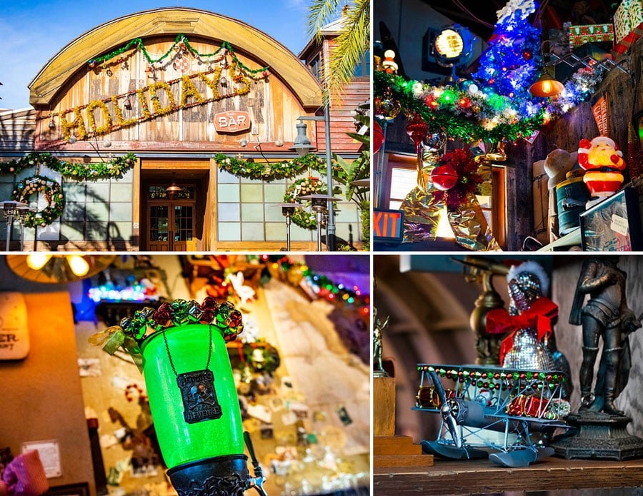 Photo collage of the decor and details at Jock Lindsey’s Holiday Bar at Disney Springs